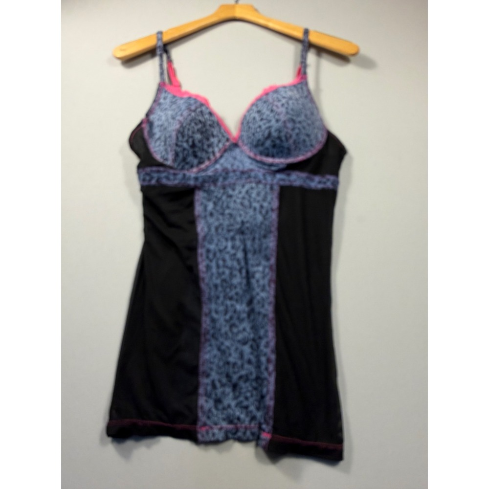 Blue Leopard Print Mesh Chemise Underwire Bra 38D Pink Lace Trim Keyhole Back